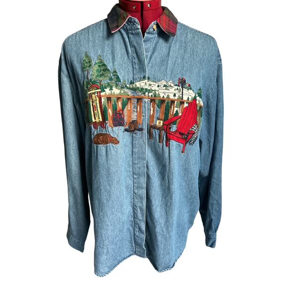 Vintage Talbots Size Medium 100% Cotton Ski Lodge‎ Embroidered Denim Top - Picture 1 of 6